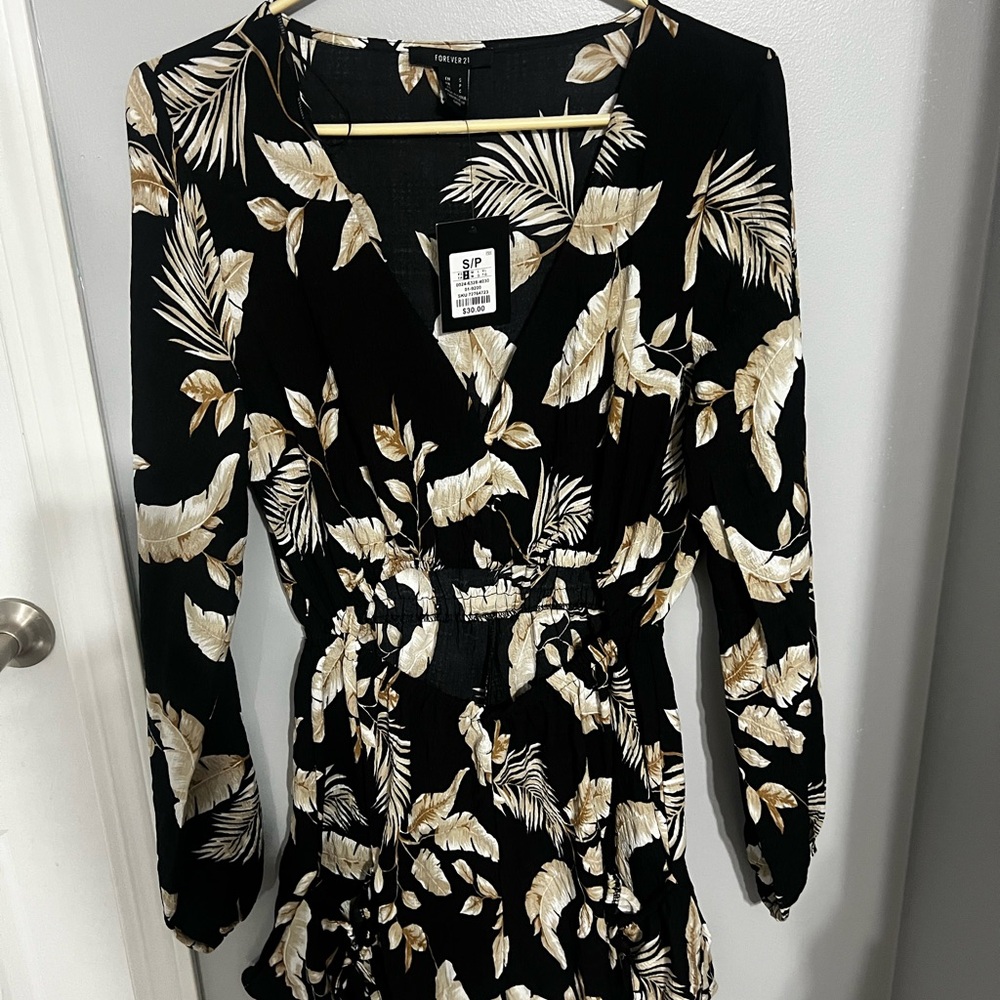 Urban Planet Black and Cream Fit and Flare Dress with Long Bishop Sleeves